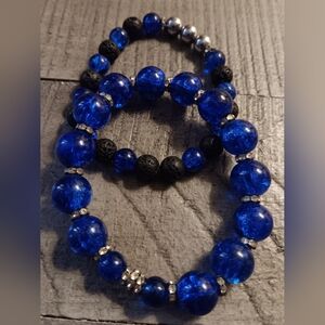 Elegant Blue and Black Beaded Bracelet Set
